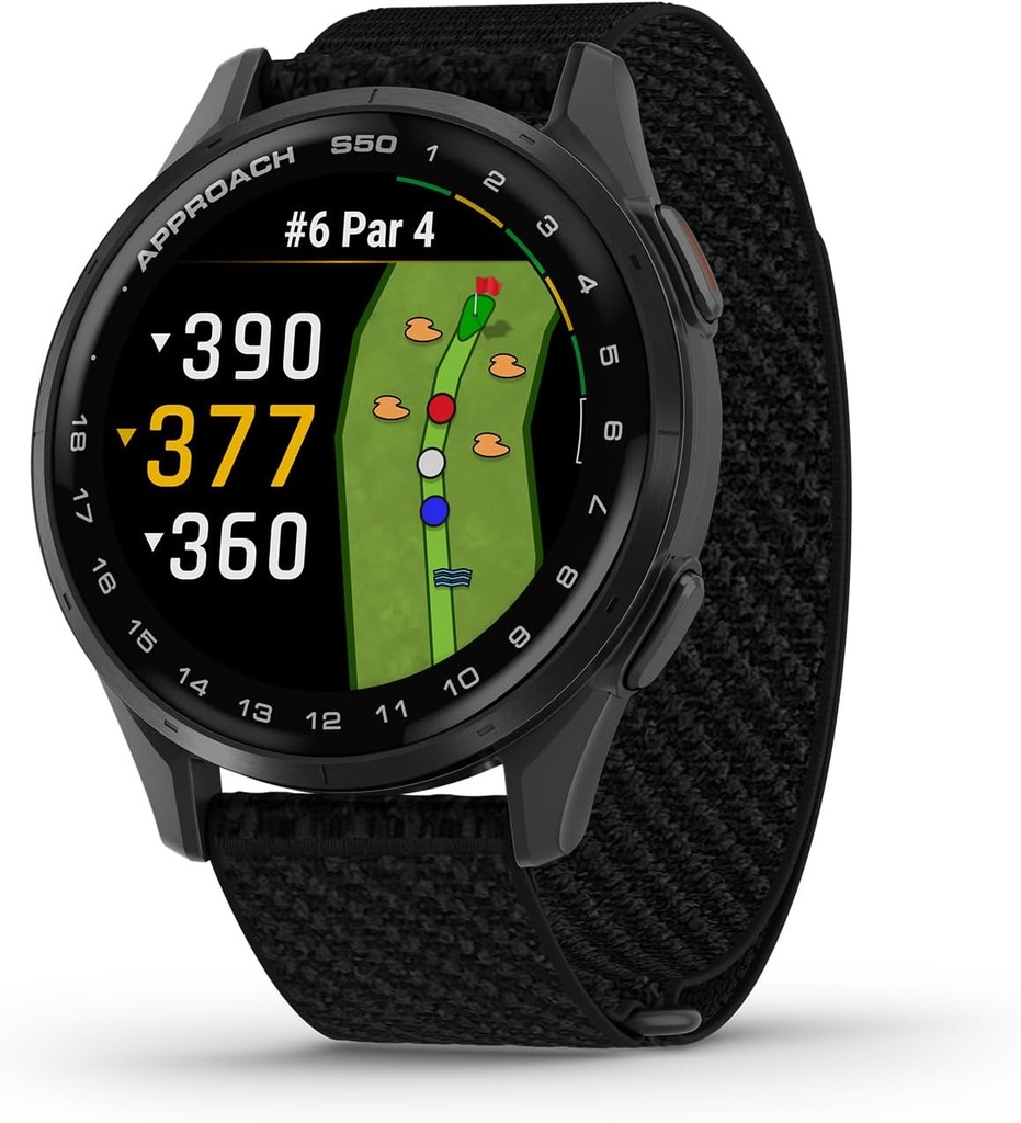 Garmin Approach ® S50, GPS Advanced Golf Smartwatch, AMOLED Tampilan, On- Course Features, Wrist-Based Heart Rate, Slate Aluminum Bezel dengan Black ComtoweFit Nylon Band