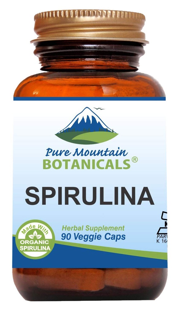 Pure Mountain Botanicals Spirulina Capsules - 90 Kosher Vegan Caps - Sekarang dengan 450mg Organic Spirulina Powder - Persediaan Makanan Super Alam