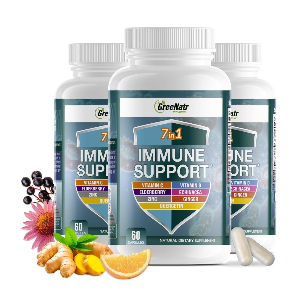 GerieNatr Immune Suplemen dengan Vitamin C, D3, Zinc 50mg, Quercetin, Echinacea Purpurea, Sambucus Elderberry dan Ginger untuk Lengkap Pertahanan Imune - 60 Capsules (3 Botol)