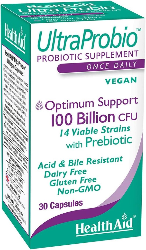 Healthaid UltraProbio, 100 Milyar 30ct Once Daily Capsules, Optimum Support, 100 Milion with Prebiotic, Acid & Bile Resistant, Non-GMO