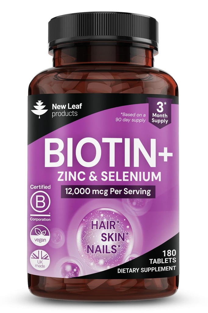 Biotin Growth Vitamin 12000mcg Kekuatan Tinggi dengan Coconut Oil - Promotes Healthy Hair Skin & Nails - Biotin Vitamin untuk Perempuan & Men Vegan, Gluten Free Suplemen - Dibuat di Inggris oleh New Leaf