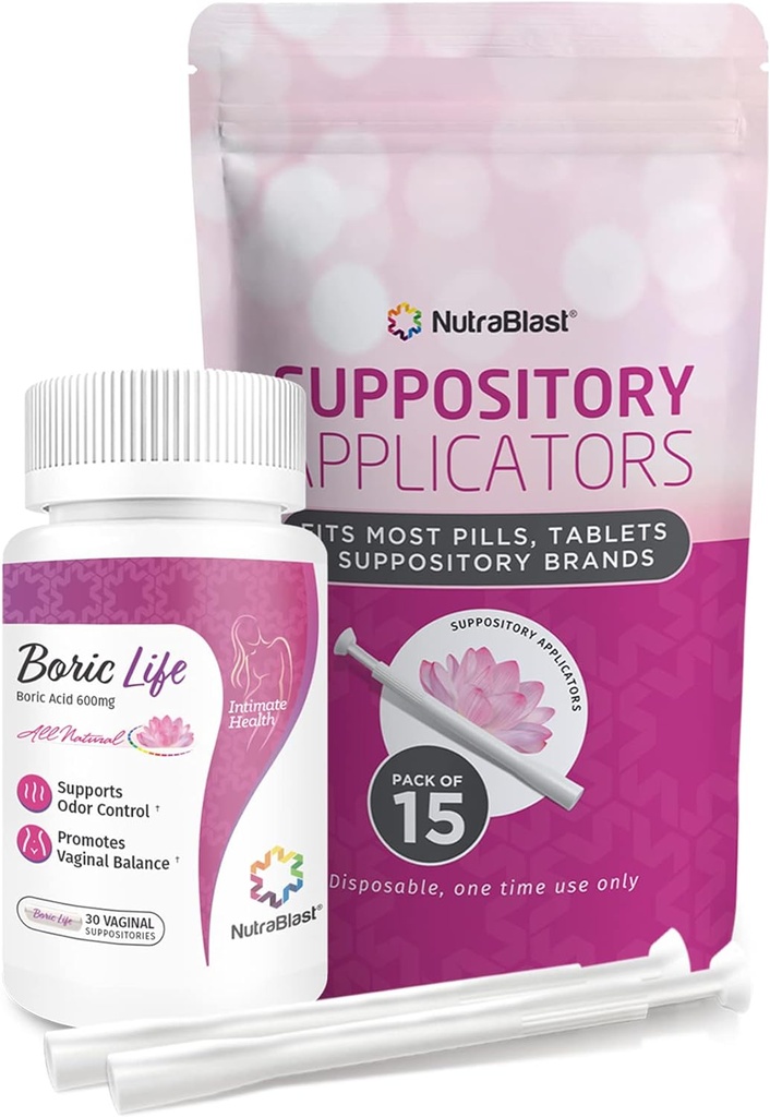 Nuttrablast Boric Acid Vaginal Suppotory 600mg Bundle dengan Applikator, 30 Supportators & 15 Applicators - Feminine Care - Made in USA