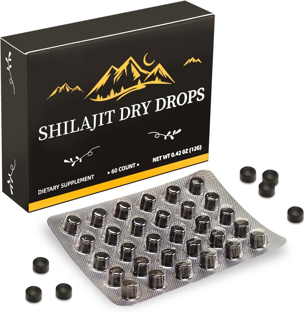Shilajit Pure Himalaya Resin Dry Drops Tablets: 124; Himalaya Shilajit, Hamirune Dukungan, Pure Natural shilajit 14; 85 + Trace Minevac & Fulvic Acid for Energy, Pure Himalaya Resin 60 tablet (1 Pack)