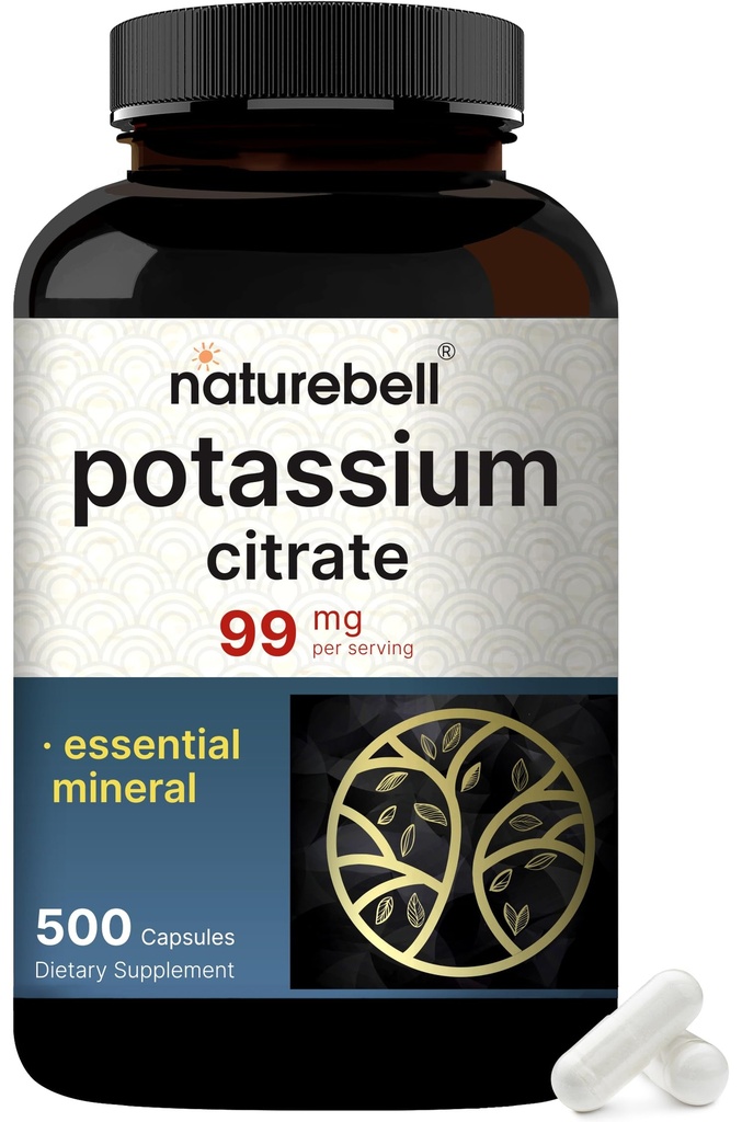 Potasium Citrate Suplemen 99mg, 500 Capsules 124; Easily Absorbed Form - Estial Mineral Electrolyte Keseimbangan - Supports Muscle, Bone, & Heart Health - Non-GMO