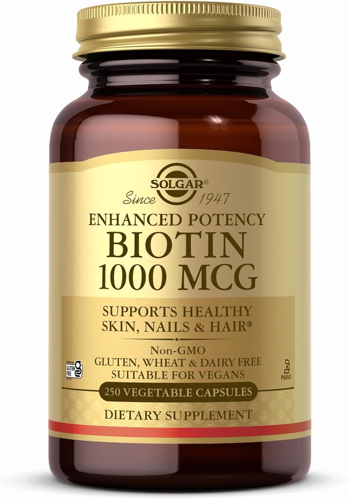 Solgar Biotin 1000 mcg - 250 Vegetable Capsules - Support Healthy Skin, Nails & Hair - Non-GMO, Vegan, Gluten Free, Dairy Free, Kosher - 250 Servings