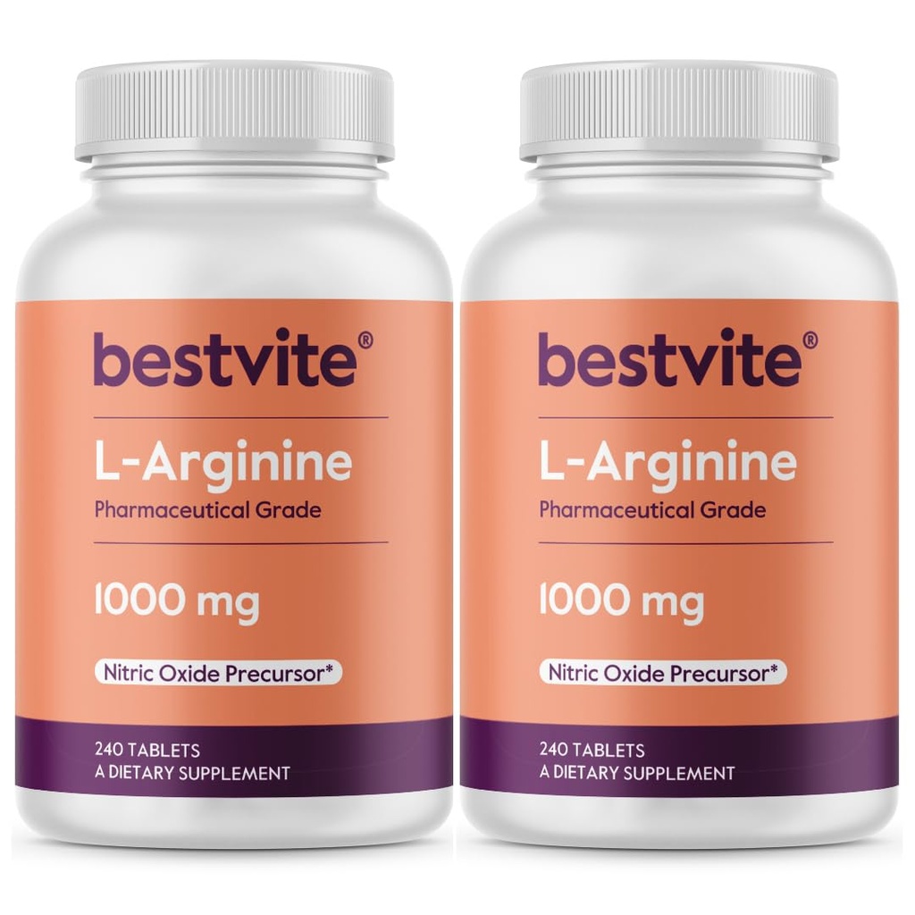 BESTVITE L- Arginine 1000mg per Tablet (480 Tablet) - Farmasi Tingkat - Berisi 20% Arginine Murni Dibandingkan dengan Arginine HCl - Nitric Oxide Presor *