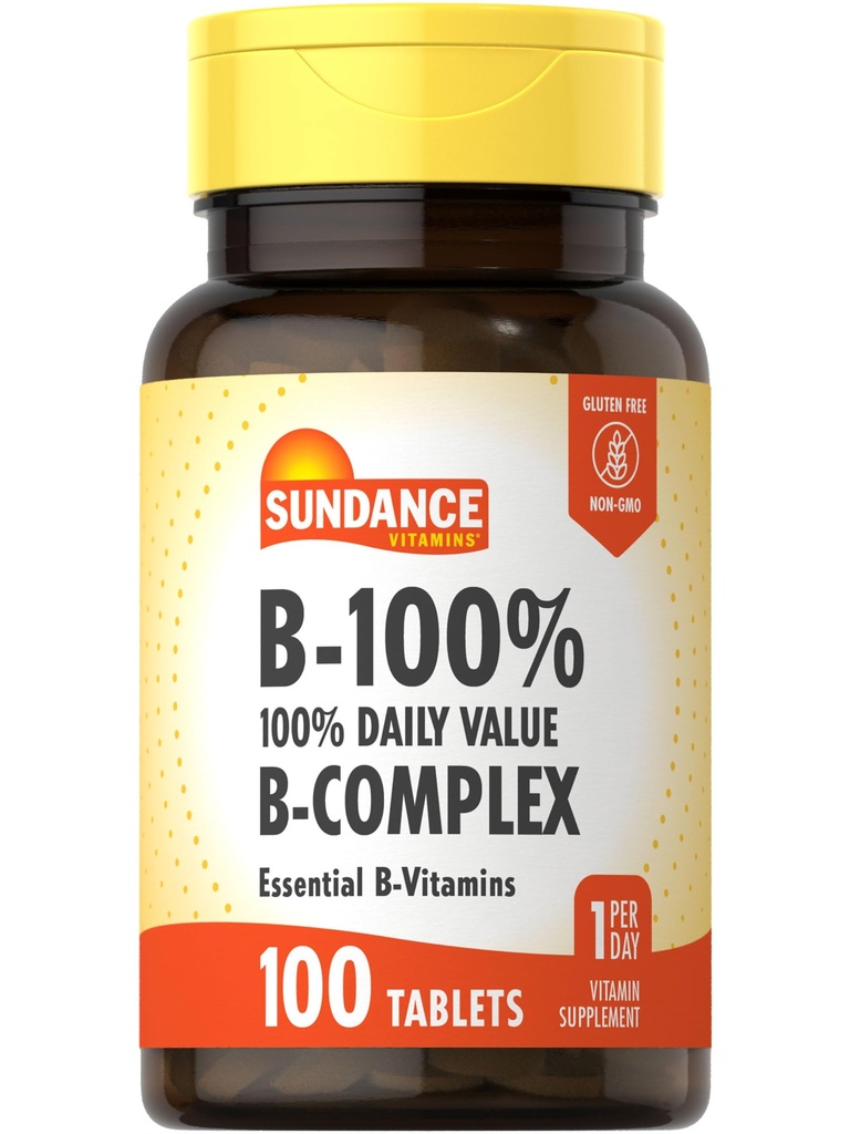 Sundance Vitamin B-Complex 100% Nilai Harian 124; 100 Tablet 124; Vegetarian, Non-GMO, dan Gluten Free Suplemen