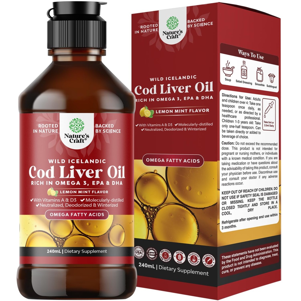 Islandia Wild Caught Cod Liver Oil Liquid - Fish Oil Drops with Omega 3, EPA, DHA, Vitamin D & A - Cair Cod Liver Suplemen untuk Heart, Gabungan, Otak & Imune Dukungan - 240 ml (8 Ounce)