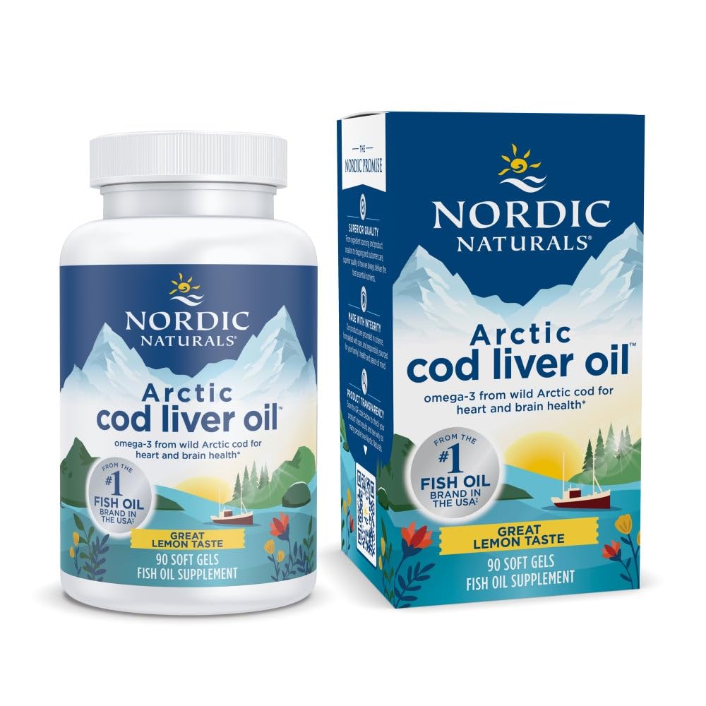 Nordic Cod Liver Oil, Lemon - 90 Soft Gels - 750 mg Total Omega-3 dengan EPA & DHA - Heart & Brain Health, Heally Immunity, Overall Wellness
