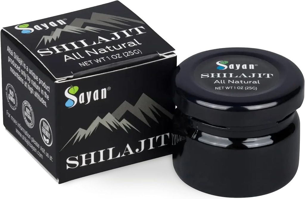 Sayan Pure Shilajit Resin 1oz / 25g, Glass Jar, 250 Servis - Superorious Fulvic Aclement - Support Immune System, Memory, Focus, and provides Natural Energy, Detox - Vegan, Non-GMO