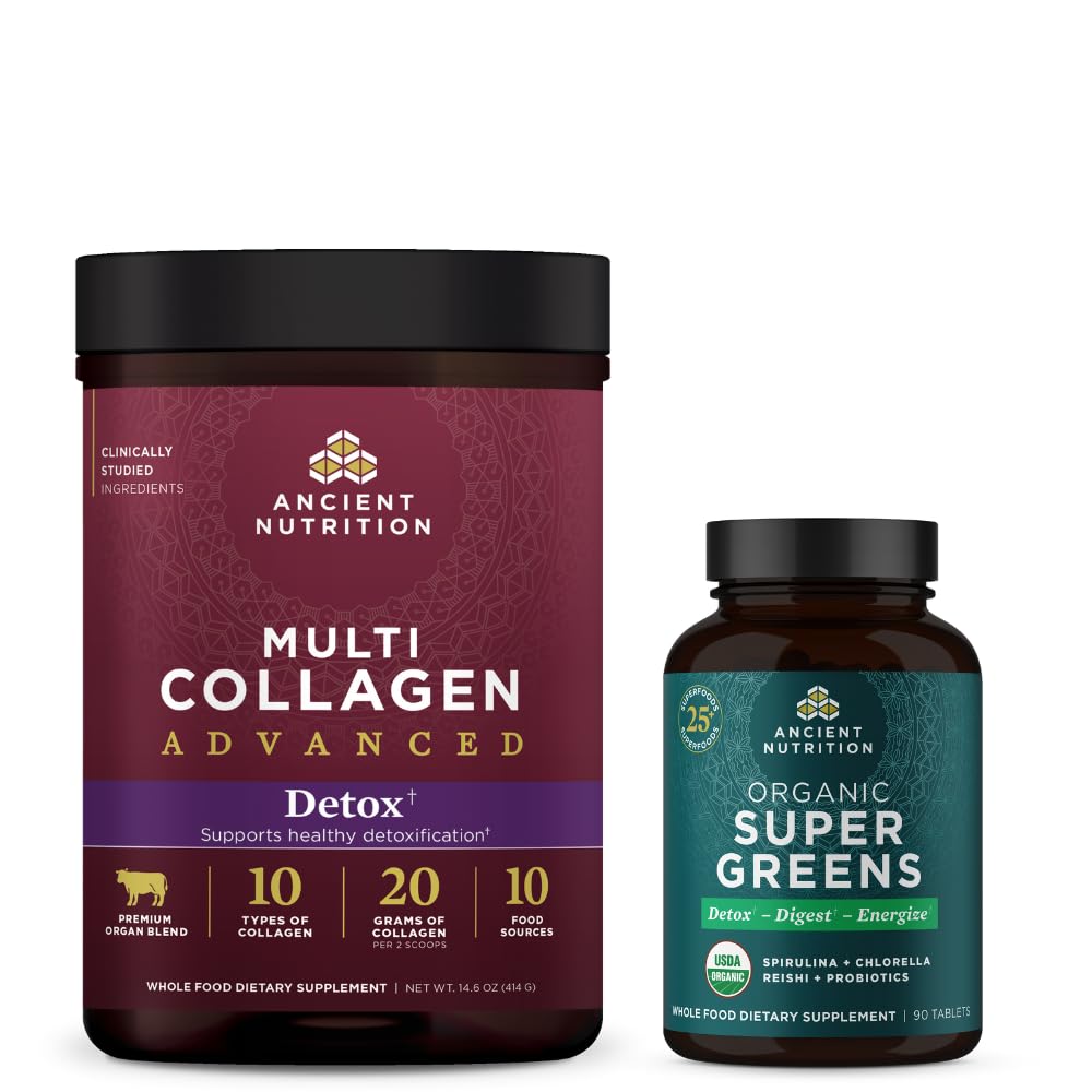 Nutrition kuno Multi Collagen Advanced Powder Cleanse & Detox, Unflashing, 36 Servings + Organic Super Greens Table