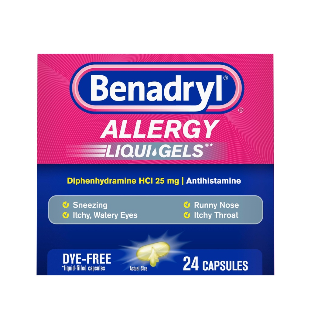 Benadryl Liqui- Gels Allergy Medicine, Dye- Free Liquid Gel Capsules dengan 25 mg Diphenhydramine HCI Antihistamin untuk Relief of Allergy & Cold Symptoms Like Runny Nose & Sneezing, 24 ct