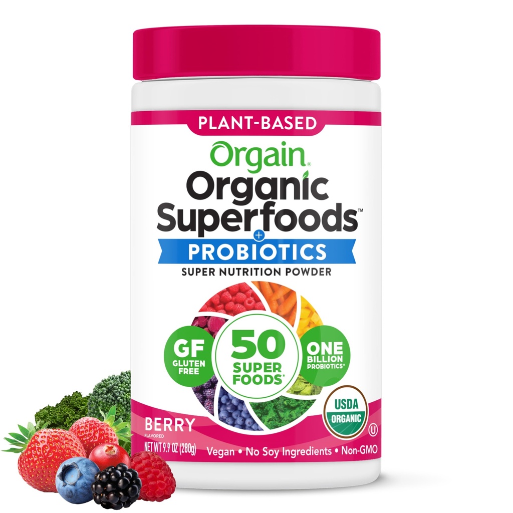 Orgain Organic Greens Powder + 50 Superfoods, Berry - 1 Milyar Progories for Digetical Health, Antioksidants, Vegan, Plant - Based, Gluten- Free, Non-GMO, Green Juice & Smoothie Drink - 0.62lb