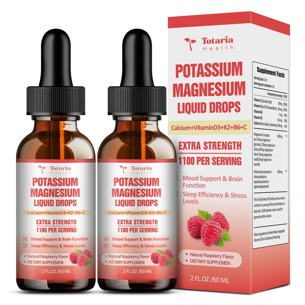 Potasium Magnesium Suplement Drops - Tabloid Potasium Tinggi dengan Magnesium, Kalsium, Vitamin D3 K2, Vegan, Non- GMO Potasio Dukung Krumps, Bone, Muscle - 4 Fl oz