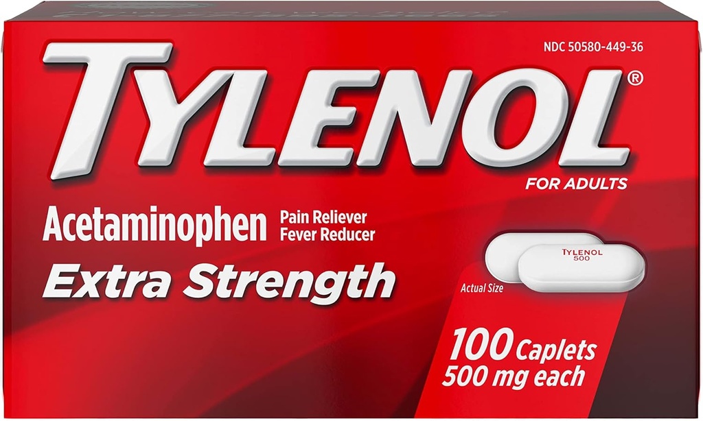 TYLENOL Ekstra Kekuatan Reliever Pain & Demam Reducer 500 mg, Caplets 100 ea Pack dari 2