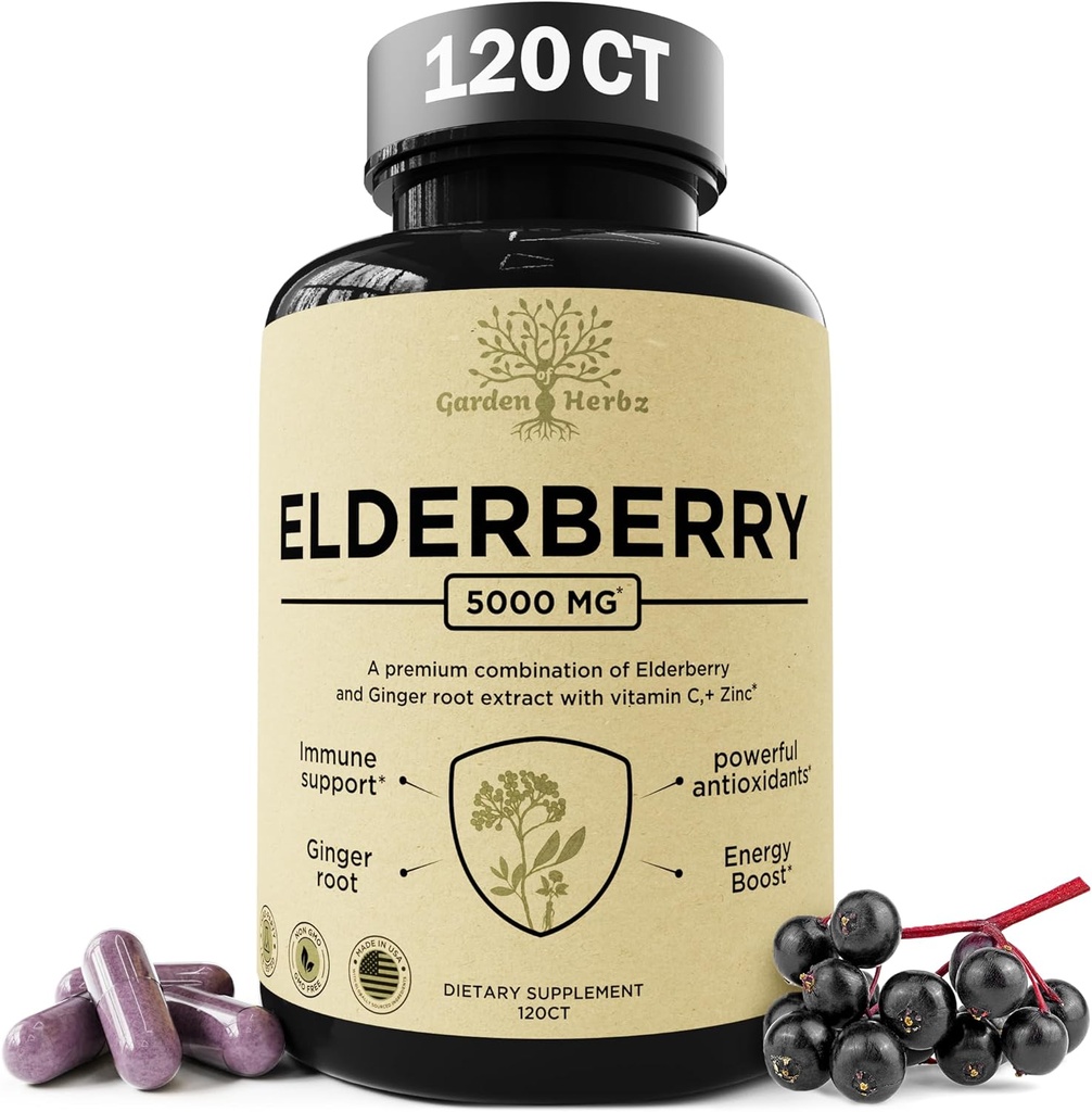 Elderberry dengan Vitamin C, Zinc, & Ginger - Sanggulmune Booster 5000 Mg Elderberry, Zinc, & Vitamin C - Non-GMO Imunity Vitamin for Adults to Help You Feel Vibrant, 120 Caps