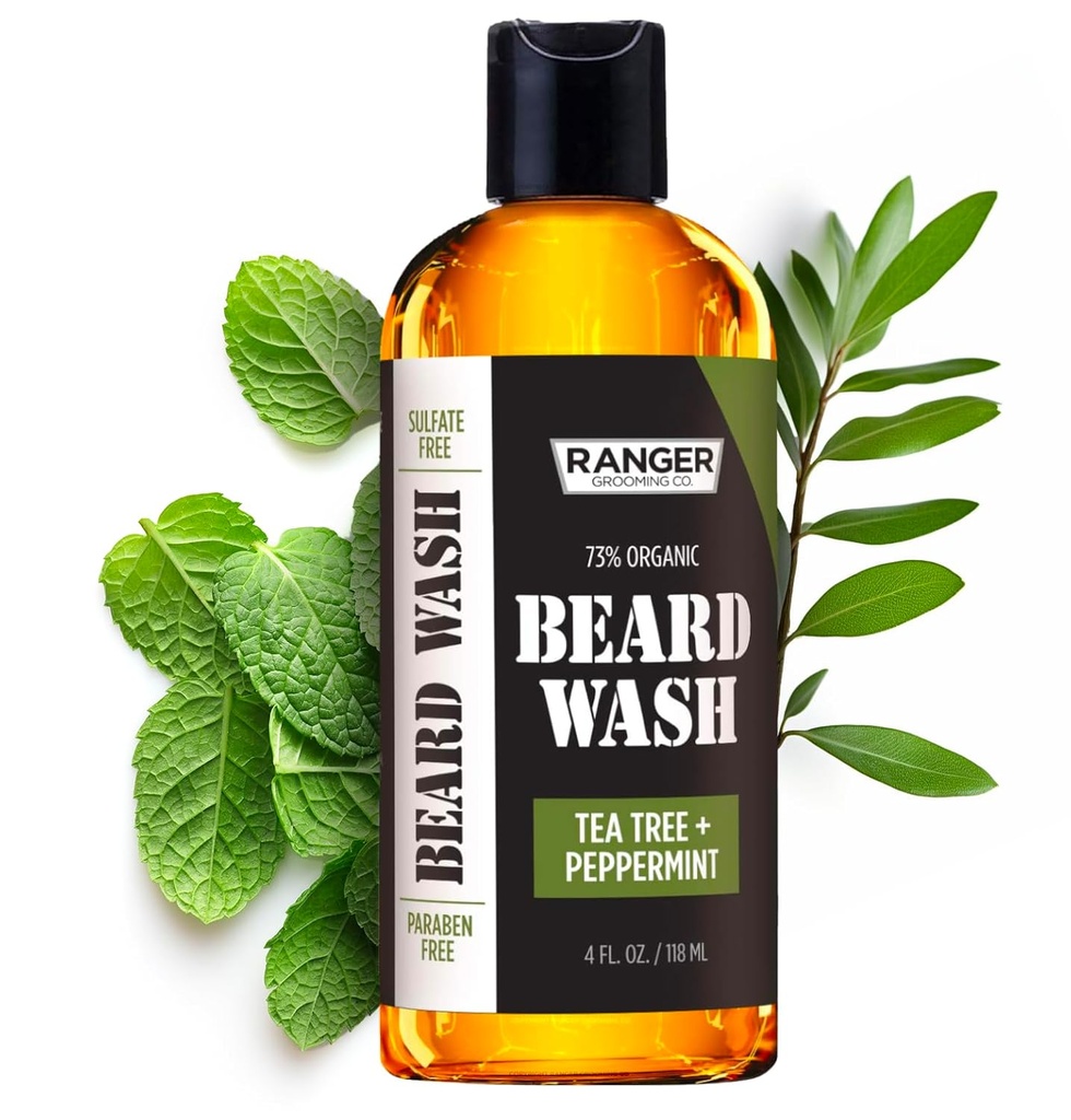Leven Rose Beard Wash Shampo by Ranger Grooming Co, Sulfate Free Natural Beard Cleanser & Conditioner for Men, Tea Tree & Peppermint for Growth & Thickening, Paraben Free 4 oz