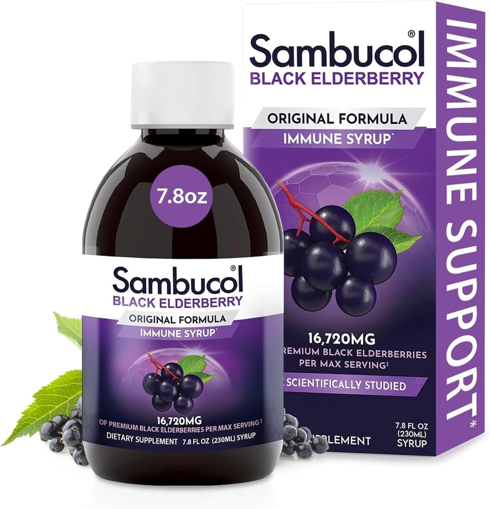 Sambucol Black Elderberry Syrup - Sambucus Elderberry Syrup untuk Dukungan Orang Dewasa, Elderberry Liquid, Ekstrak Elderberry, Gluten Bebas - 7.8 Fl Oz