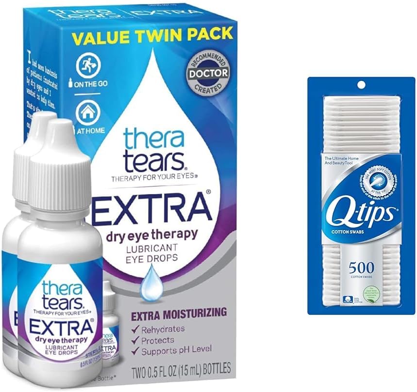 TheraTears Extra Dry Eye Drops 0.5 lf oz 2 Count with Q- Tips 100% Cotton Swabs 500 Count