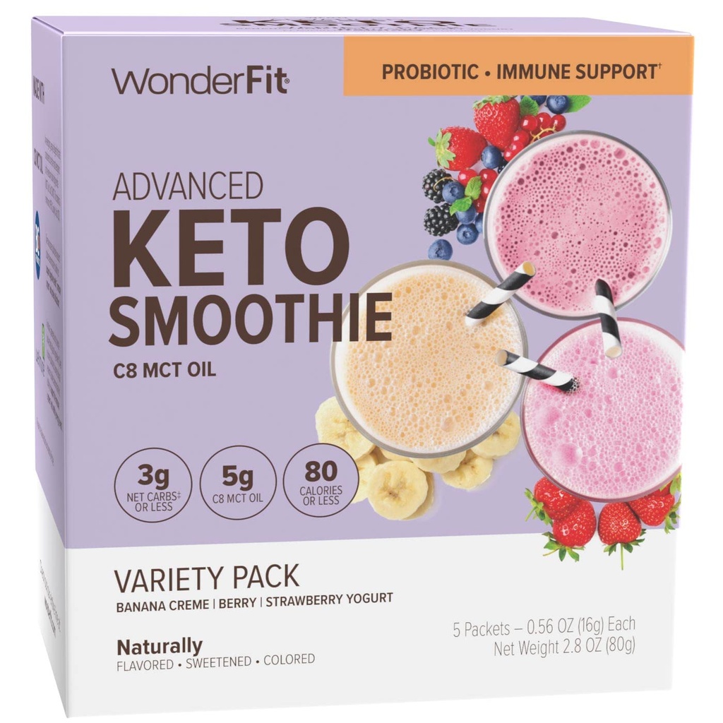 WonderFit by WonderSlim Keto Smoothie with C8 MCT Oil, Variety Pack, 1-3g Net Carbs, Gluten Free, Probiotic & Imune Support (5ct)