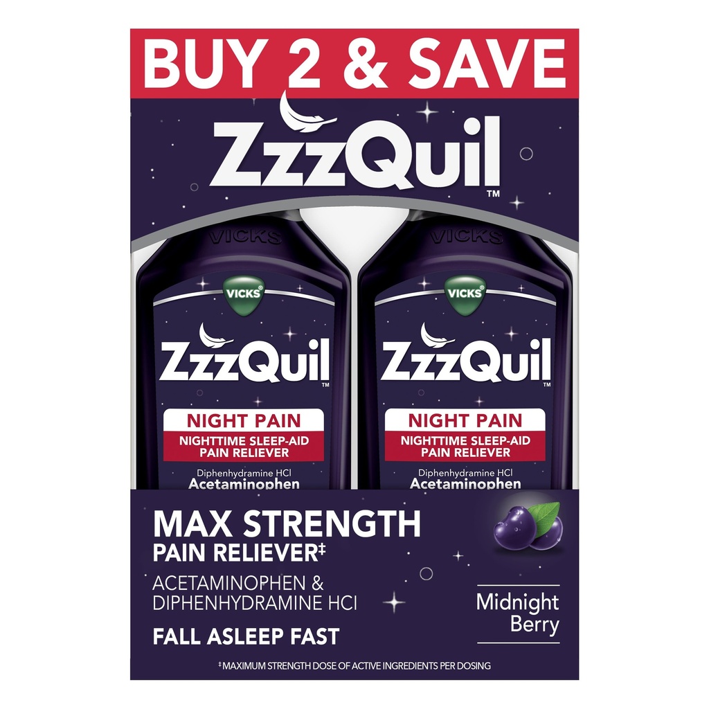 ZzzQuil Cair, Max Kekuatan Pain Reliever, Cair Bantuan Tidur Malam, Acetaminofhen 10000mg, Diphenhydramine 50mg HCI, Non-Habit Forming, Midnight Berry Flavored, 2 Pack, 24 FL OZ