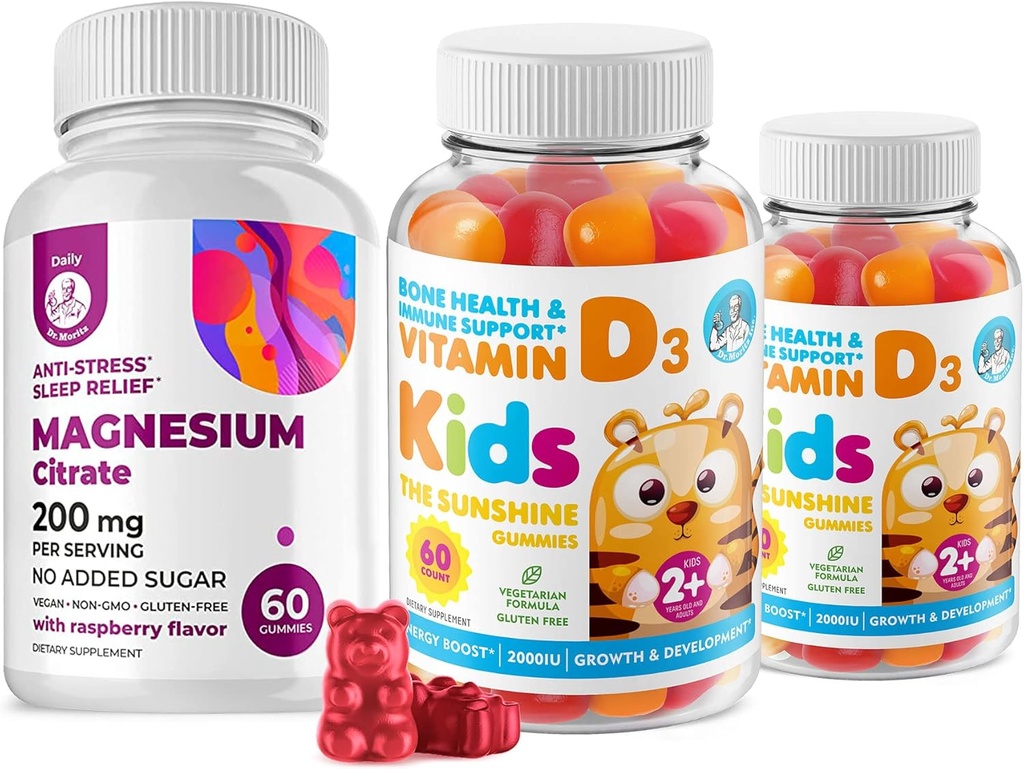 Vitamin D Gummies untuk Anak-anak & Dewasa 2000 IU dan Magnesium Gummies - Vitamin D3 Suplemen 100juta - Vegetarian Gantatin Bebas Dukungan dengan Sugar-Free Magnesium Cuck Chews untuk Anak & Dewasa