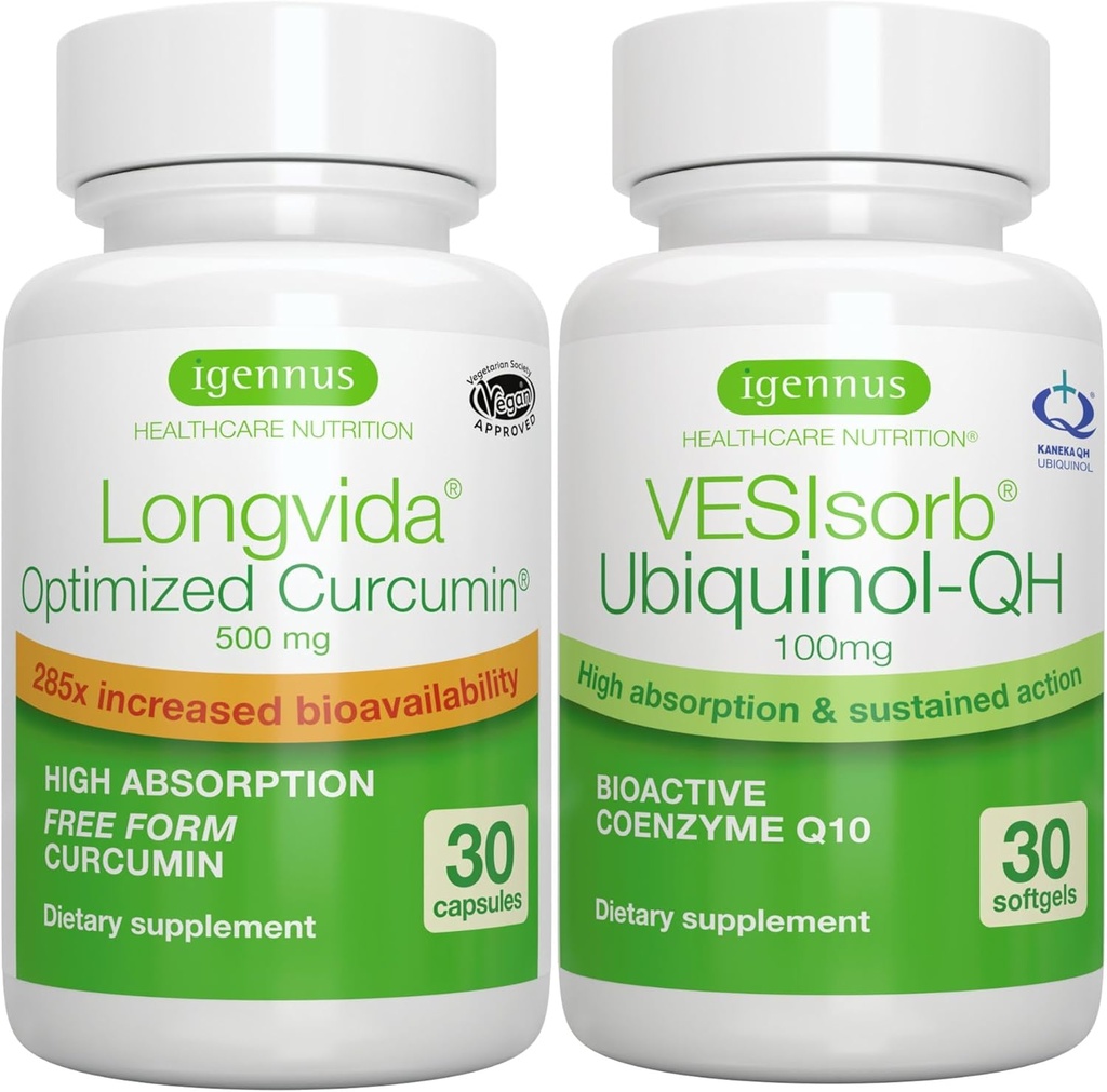 Longvida Curcumin 500mg + VESIsOrb Ubiquinol - QH Advanced CoQ10 100mg Bundle, Ultra Bioavailable Curcumin dengan Bioavailable & Fast Ubiquinol, oleh Igennus
