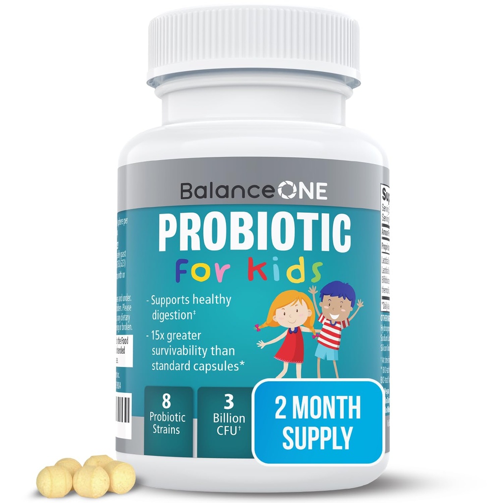 Balance One Time- Rilis Anak Probiotic - Sampai 15x Lebih Baik Survivability - 3 Miliar CFU - Gut & Digetical Dukungan untuk Anak - Gula Bebas, Mudah Swallow, 2 Bulan Supply