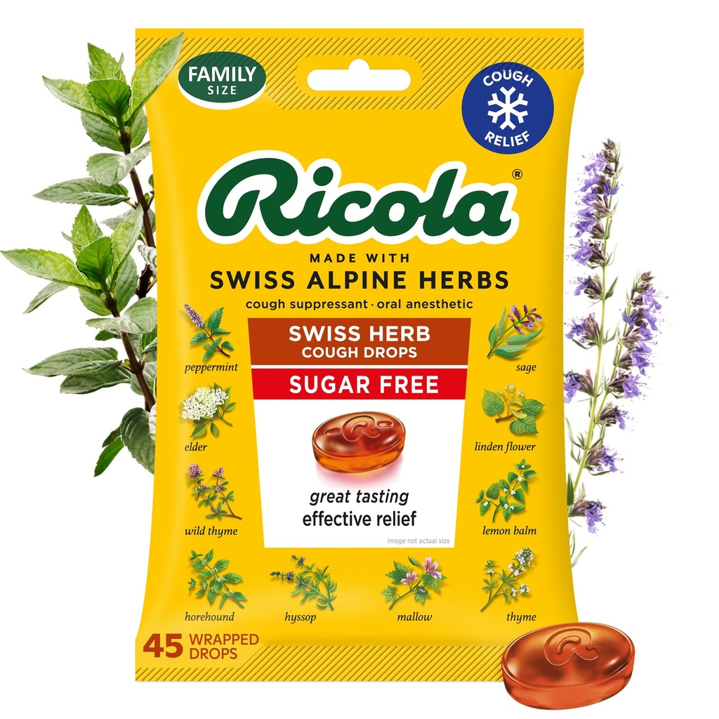 Ricola Sugar Free Swiss Herb Drops, 45 Count, Cough Supressant & Throat Relieving Drops with Alamic Sourced Menthol, Pleasing for Coughs & Throat Irrity Symptom Relief
