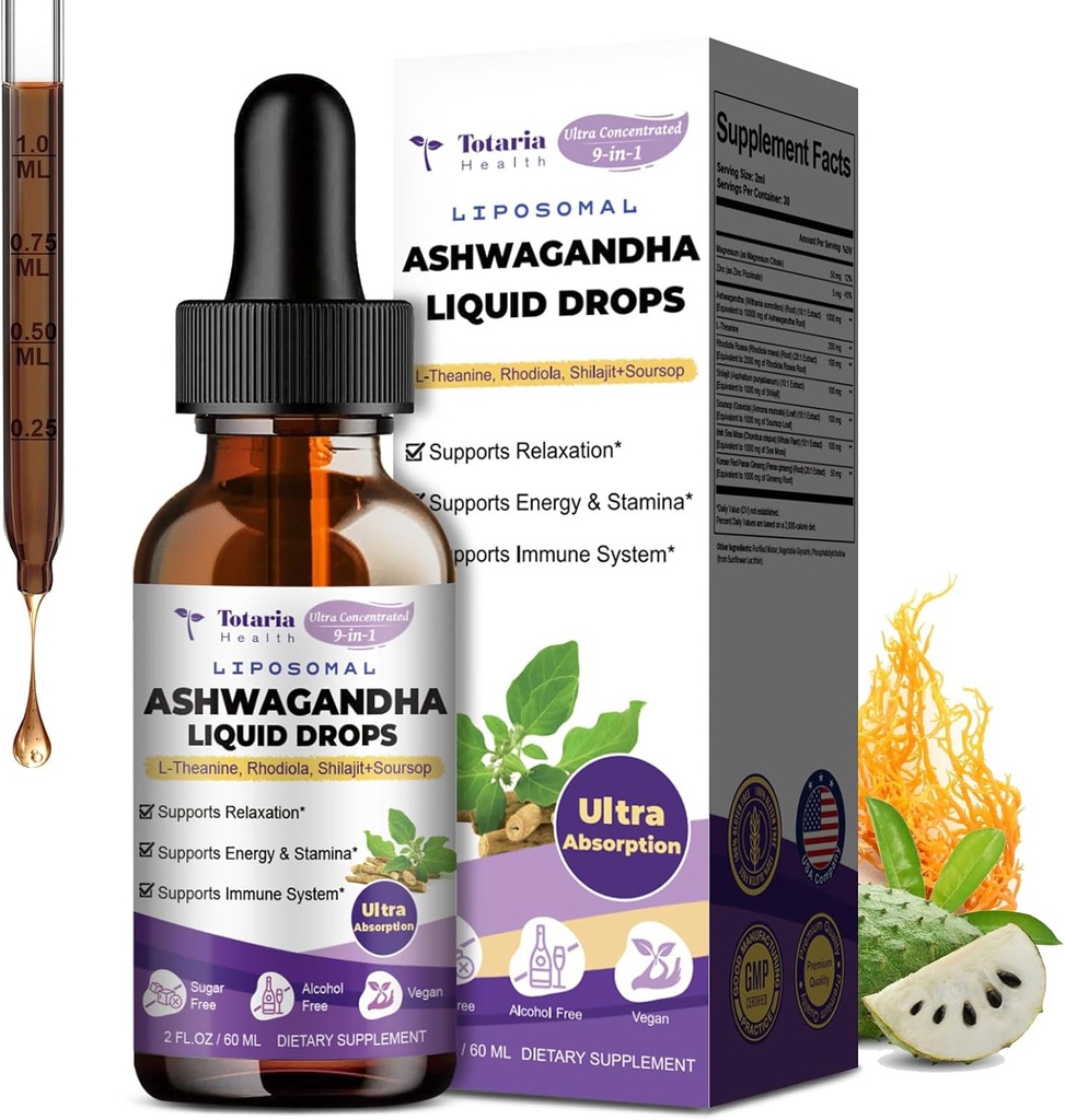 Tambahan Root Ashwa Totaria Lipomal Ashwaganda Drops, Tambahan Root Ashwa Kekuatan dengan Shilajit, Ginseng, Magnesium, Soursop, L- Theanine, 60ml