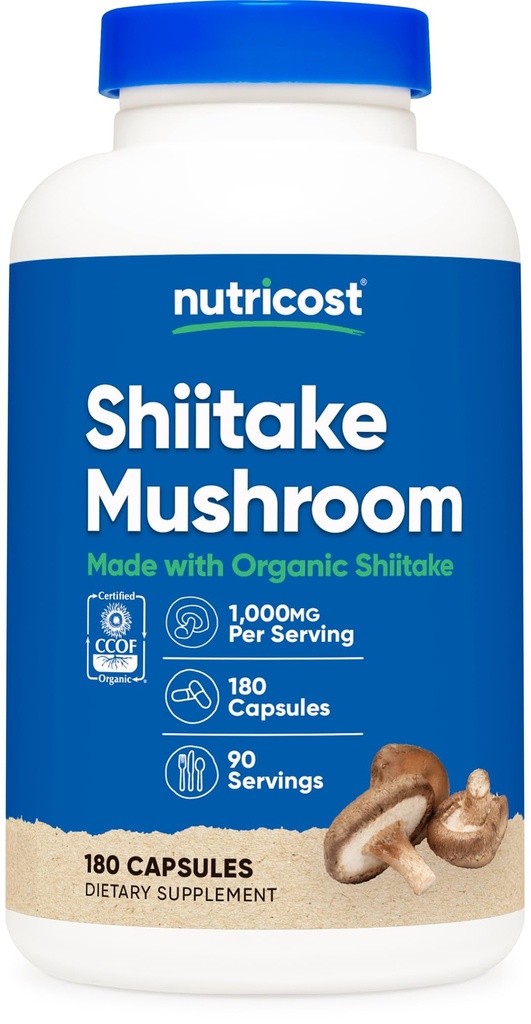 Nutricost Organic Shiitake Mushroom Capsules 10000mg, 90 Servings - CCOF Disertifikasi Dibuat dengan Organik, Vegetarian, Gluten Bebas, 500mg Per Capsule, 180 Capsules
