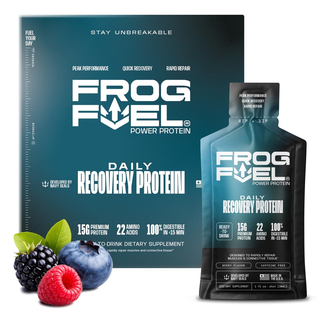 Frog Power Fuel Protein Shot, 15g Protein Nano - Hydrolyzed Grass Fed Collagen, Post Workout, Gluten Free, Fat & Sugar Free, 22 Acids Amino, 0 Carbs, Berry, 1 oz Packets, 24 Pack