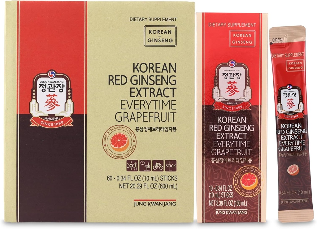 JUNG KWAN JANG Korea Ginseng Ekstrak Merah Ginseng Setiap kali Grapefruit 10000mg 124; Ginseng Suplemen, Persediaan Musuh, Persediaan Makanan Korea 124; Caffeine Bebas, Gluten Bebas, Boost Energy, Antioksidant 124; 60 Count