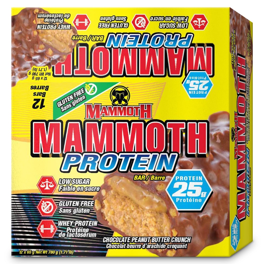MAMMOTH Protein Bar, Chocolate Peanut Butter Crunch, 25g Protein, Low Sugar, Gluten Free, 12 x 65g (Cokelat Peanut Butter Crunch) (12 Count, Chocolate Peanut Butter Crunch)