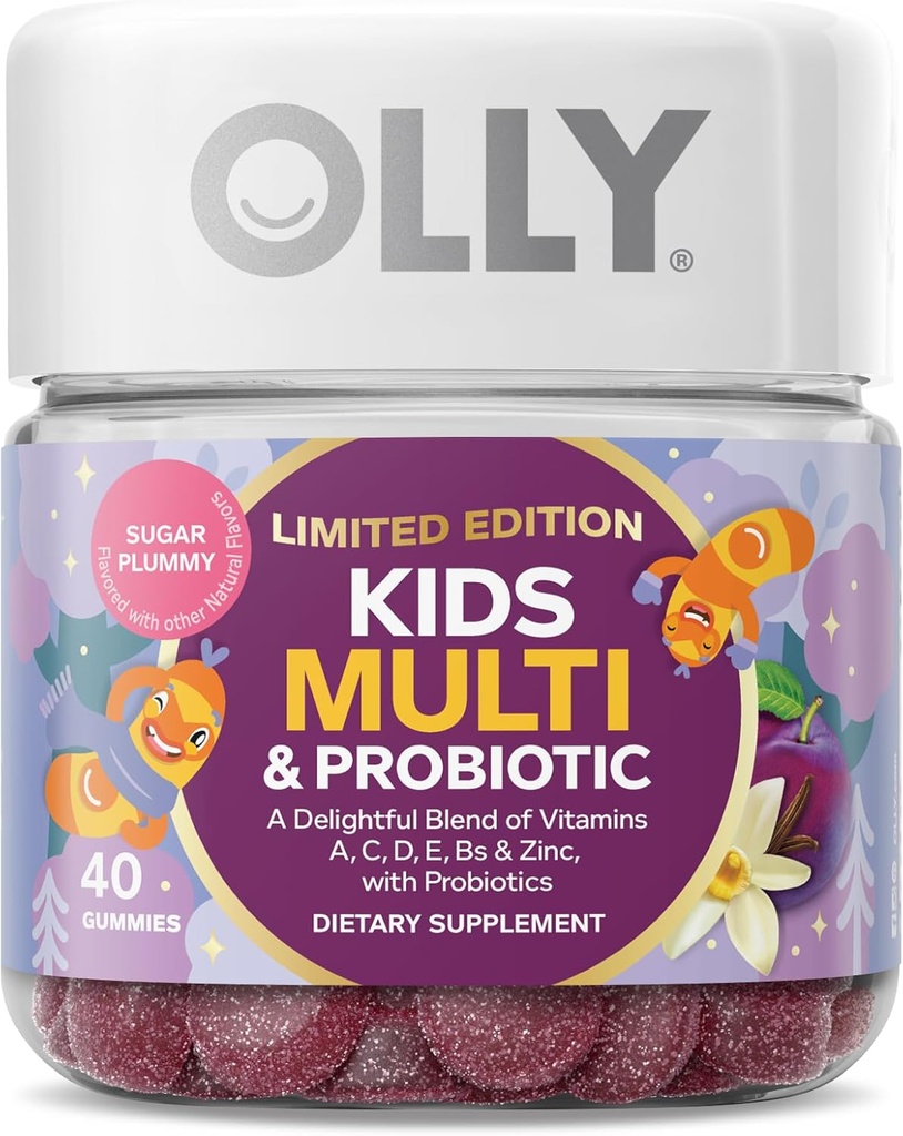 OLLY Kids Multivitamin & Probiotic, Edisi Terbatas, Dukungan Digeptical, Vitamin A, D, C, E, B, Zinc, Supplemen Chewable, Sugar Plummy - 40ct