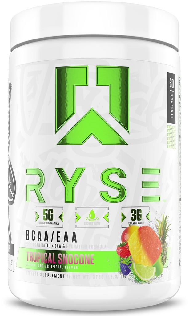 RYSE BCAA EAA Powder - Tropical Sncone - 5g Branched Chain Acids, 3g Eschever Aminos, Sugar- Free Electrolytes for Pre & Post Workout Muscle Recovery, Hidration and Power - 30