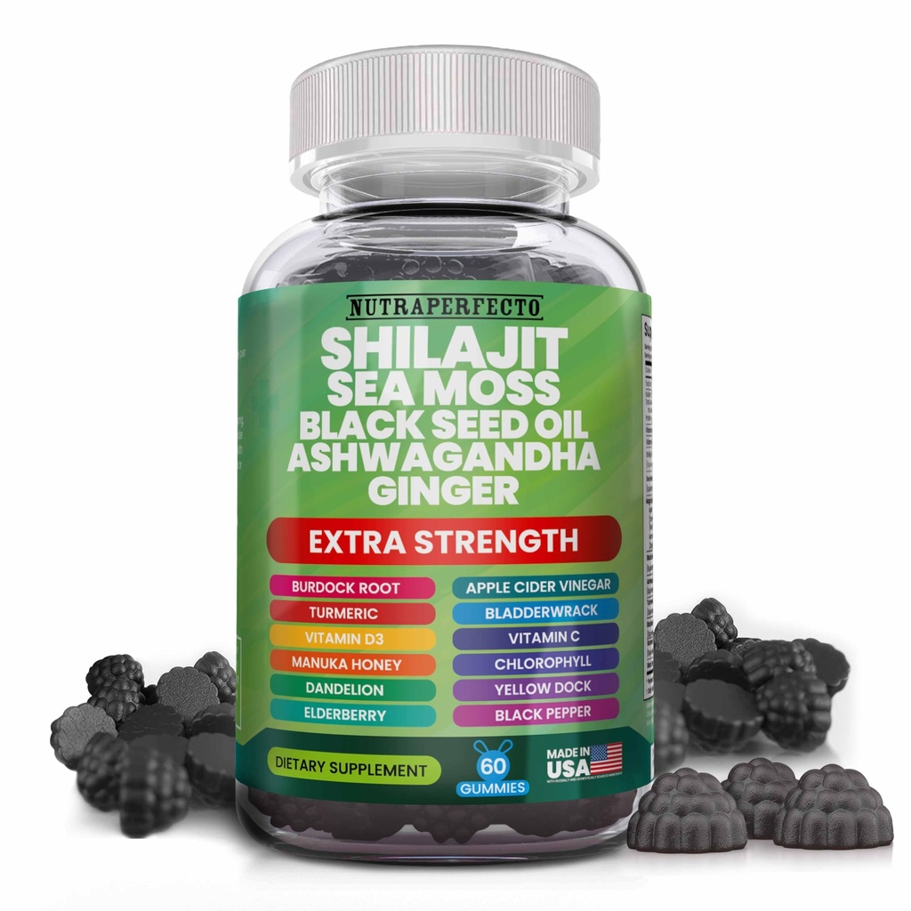 Shilajit Gummies dengan Irish Sea Moss Black Seed Oil Ashwagandha Ginger Elderberry Vitamin D3 Chlorofil Turmeric Bladdercrack Advanced Kekuatan Formula Shilajit untuk Pria & Perempuan