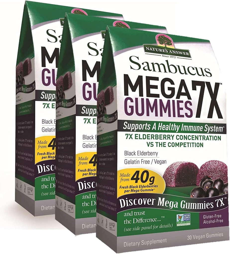 Jawab Alam Sambucus Mega Gummies 124; 7X Lebih Konsentrasi Elderberry 124; Alcohol-Free, Gluten-Free, Glatin- Free, Vegan, Non-GMO & No Preservations 124; 30ct Gummies (Paket 3)