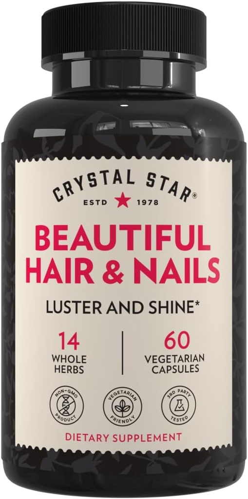 Crystal Star Beautiful Hair & Nail Suplemen (60 Kapsul) - Herbal Suplemen Rambut Kuat & Nails - Kuda, Nettle & Alfalfa - Non-GMO