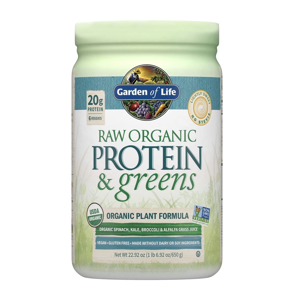 Garden of Life Raw Organic Protein & Greens Lightly Sweet, Vegan Protein Powder for Women and Men, Plant and Pea Protein, Greens, Prograin, Gluten Free Low Carb Shake Made Without Dairy 20 Servings