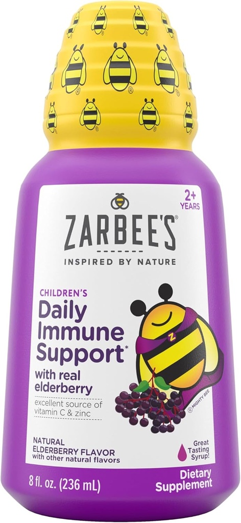 Zarbee 's Elderberry Syrup for Kids, Daily Ammune Support with Vitamin C & Zinc, Chidrens Liquid Suplemen, Natural Berry Flavor, 8 fli oz