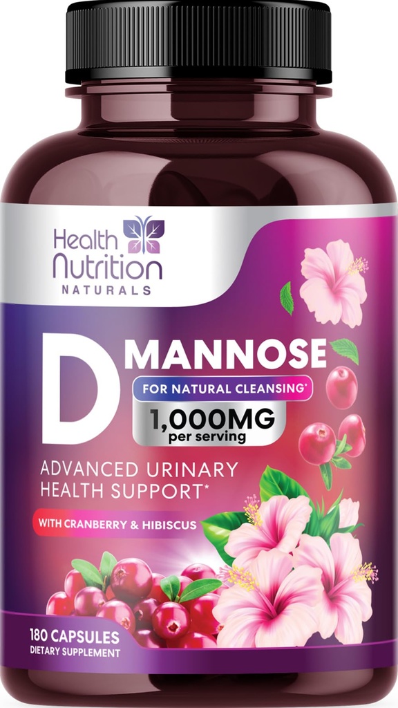 D-Mannose Supplemen 1.350mg - dengan Cranberry, Hibiscus & Dandelion - Fast-Acting, Natural Urinary Tract & Bladder Dukungan Perempuan & Pria - Flush & Cleanse Impuities - Non-GMO, Vegan - 180 Capsules