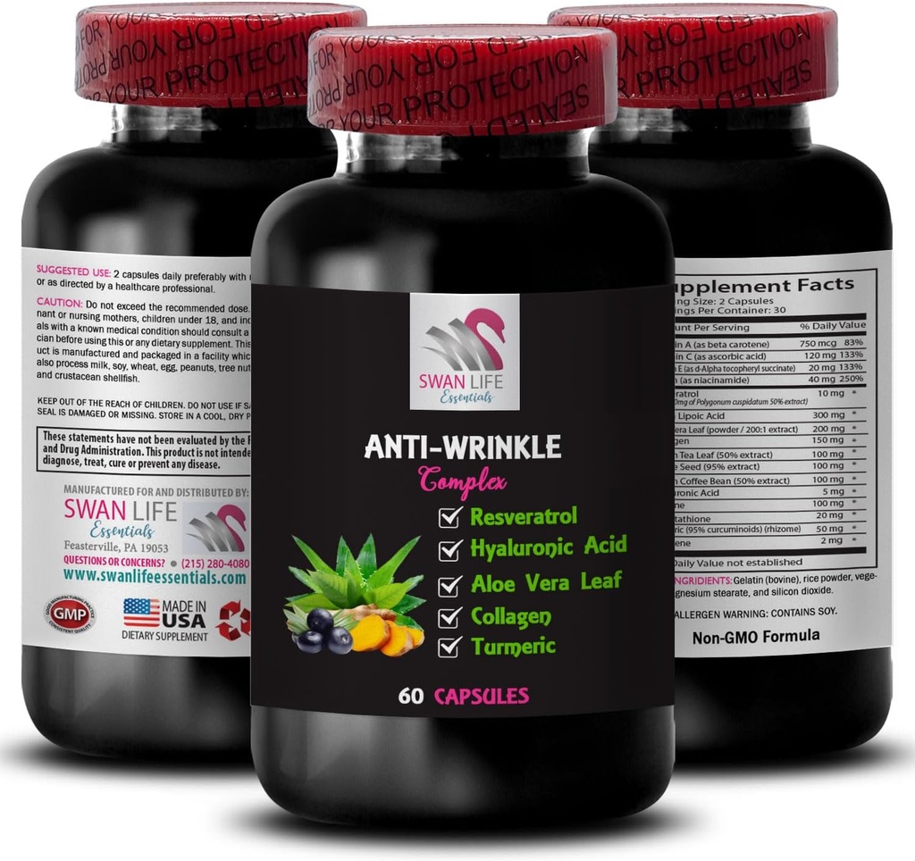 Dukungan Lipoic Acid - ANTI- WRINKLE KOMPLEX - Aloe Vera Leaf Benefit, Collagen Boost, Green Tea Leaf Extract, Grape Seed Power, Green Coffee Bean Benefit, Hyaluronic Acid 1 60 Botol