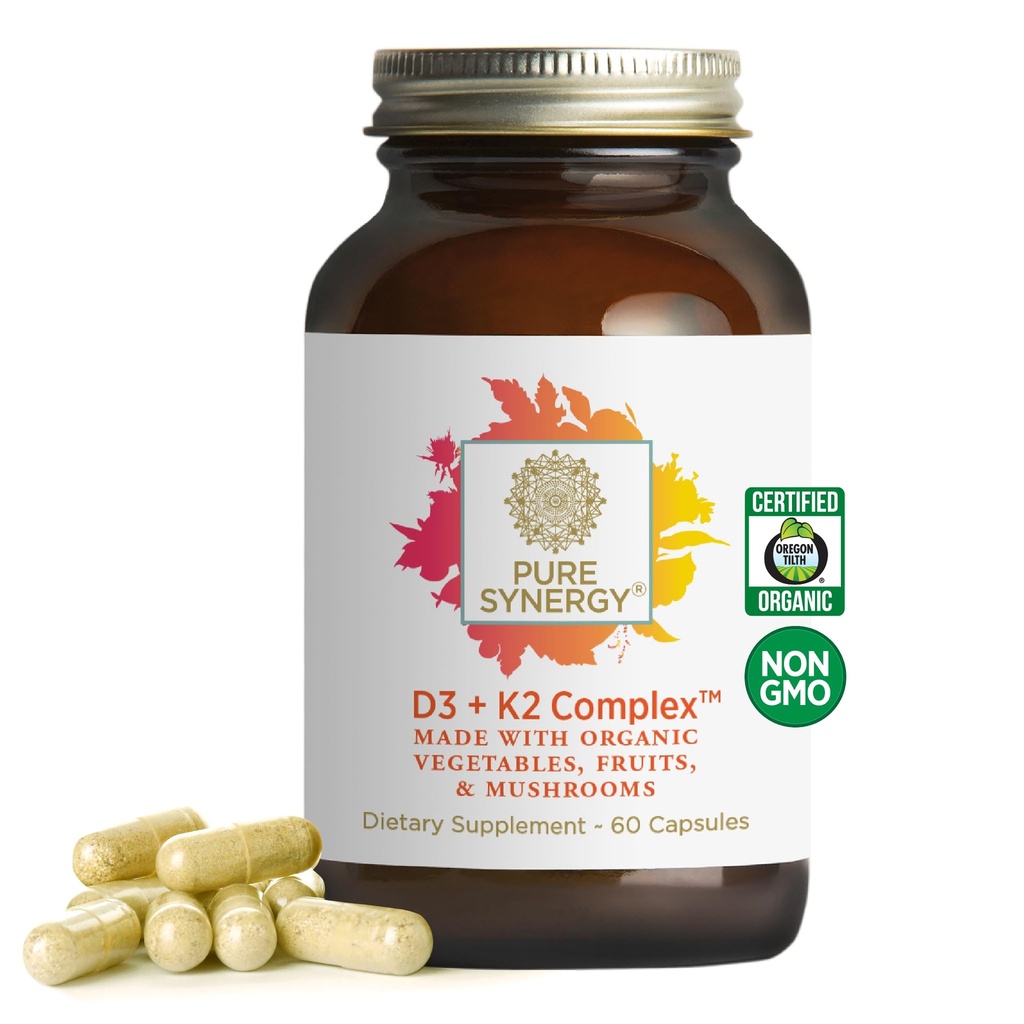 SYNERGY D3 + K2 Kompleks 124; Vegan Vitamin D3 K2 Kompleks 124; D3 Organik Suplemen dengan Vitamin K2 dan K1 Ditambah Organik Seluruh Foods 124; Mempersiapkan Bone, Brain, dan Kesehatan Ketahanan (60 Capsules)