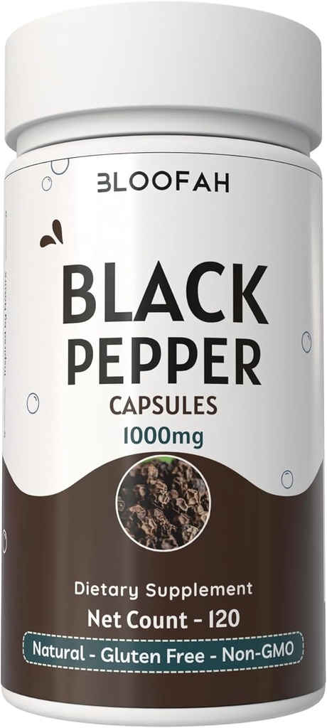 Black Pepper Capsules 1000mg Powder 124; Piper nigrum 124; None-GMO, Gluten- Free 124; No Artificial Address 124; GMP- Certifikasi 124; Herbal Suplemen 124; Wellness Tradisional (120 Cacah (Paket 1))