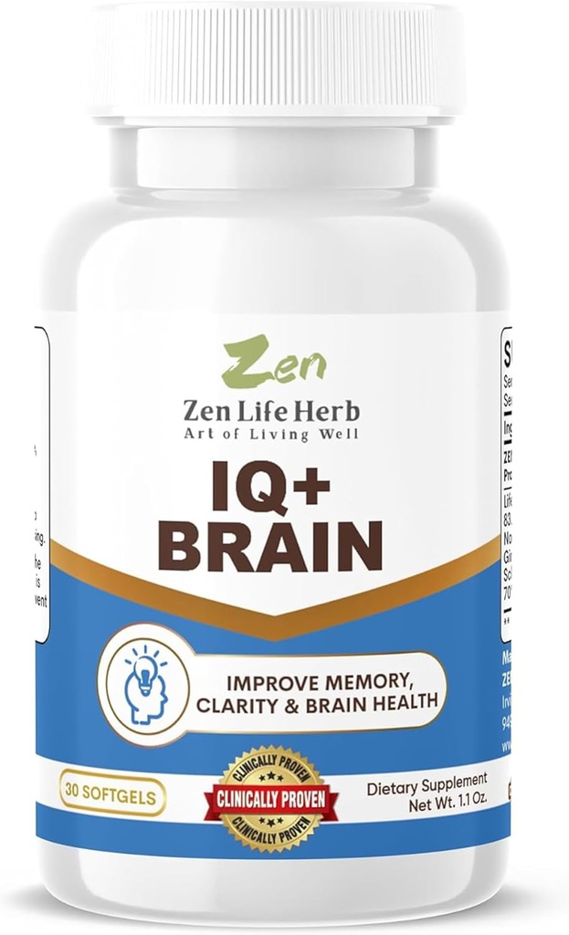 ZEN LIFE HERB IQ + Brain - Caffeine- Free, Clinically Tested Focus, Konsentrasi, Memory & Energy, Tanaman Alami Herbal Suplemen, Tidak Ditambahkan Vitamin / Mineral / Jamur / Gula (30 Softgels)