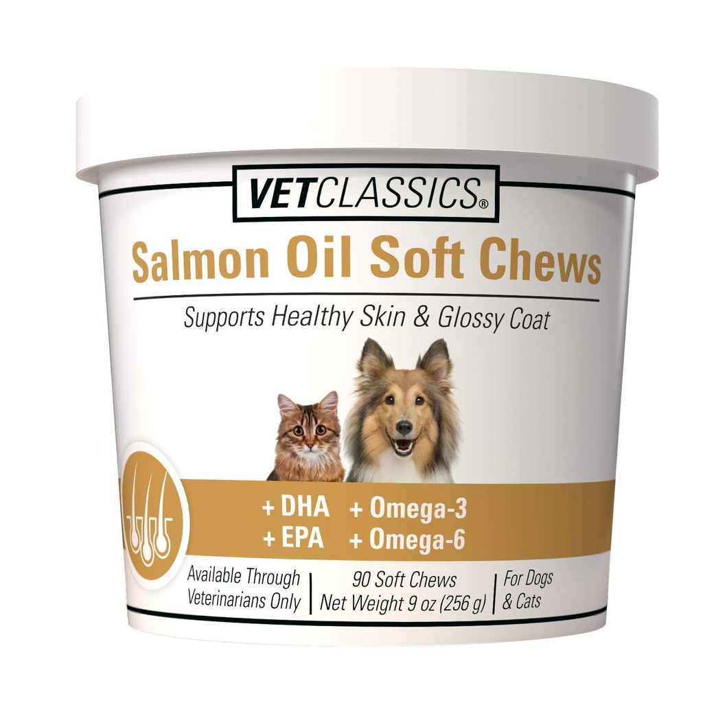 Vet Classics Salmon Oil Pet Supplement for Healthy Skin, Glossy Coat Suplement, Cat Skin Suplemen - termasuk Omega- 3, 6, 9, Sumber DHA, EPA - Soft Chews 90 Ct.