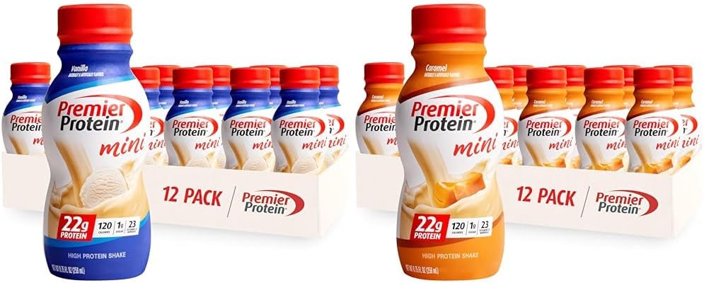 Premier Protein Shake Minis Vanilla & Caramel Flavors, 22g Protein, 120 Kalories, 1g Sugar, 8.75lf oz, Packs of 12