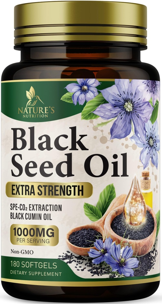 Softgeels Minyak Benih Hitam 1000mg - Premium Nigella Sativa Blackseed, Pure Natural Black Cumin Benih Minyak & Antioksidant untuk Dukungan Skin & Imune - Non GMO, Botol di AS Tambahan - 180 Softgeels