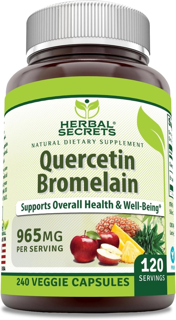 Herbal Secrets Quercetin 800mg dengan Bromelain 165mg, Veggie Kapsules Suplemen 14; Non-GMO 124; Gluten Free 124; Made in USA (965 mg, 240, Count)